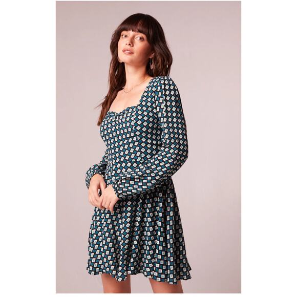 BAND OF THE FREE BOG GENEVIEVE TEAL DIAMOND SWEETHEART NECKLINE MINI DRESS M-NEW - Picture 1 of 6